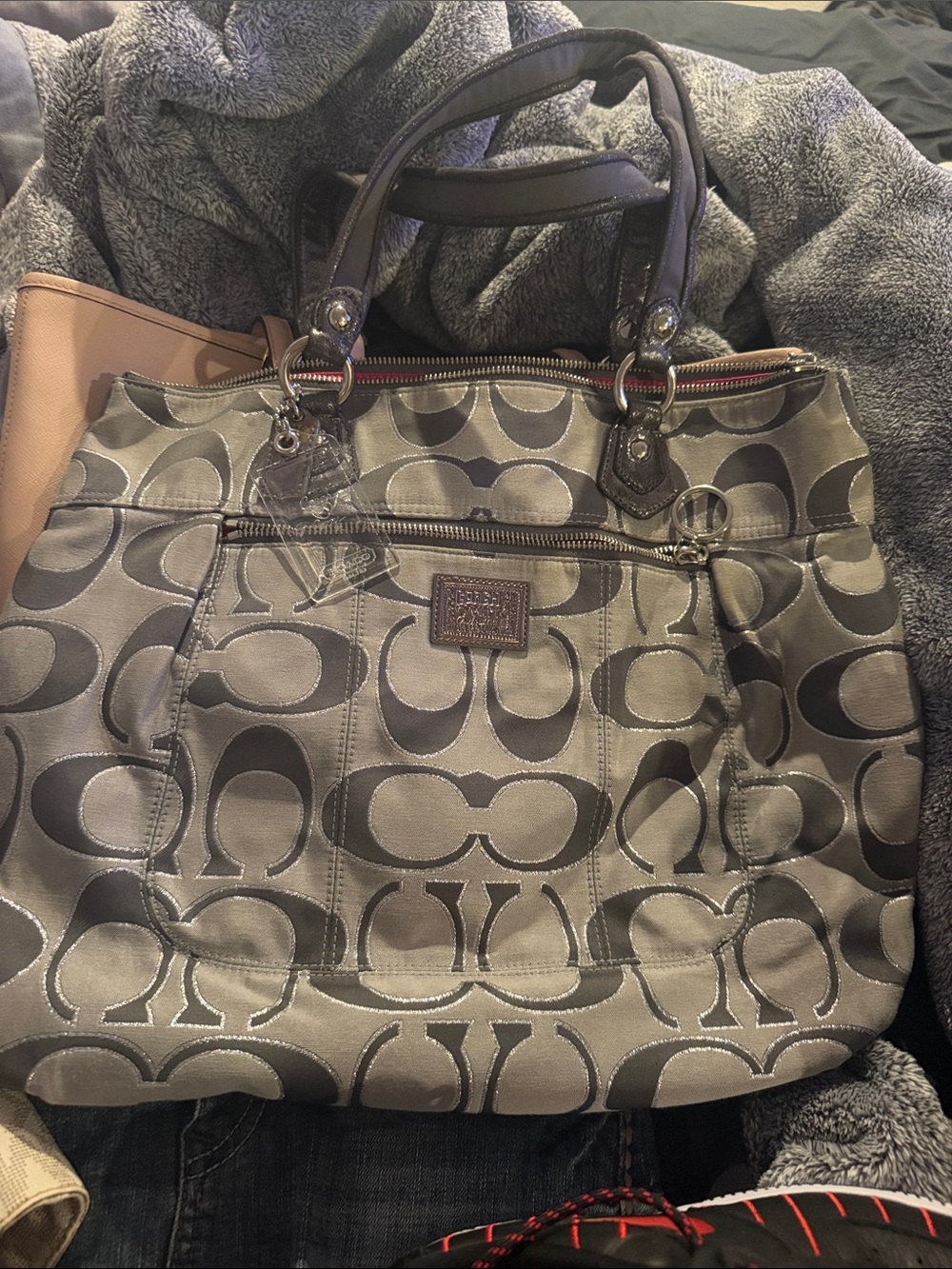 Coach Metallic Gray Signature Tote with Dark Gray Trim